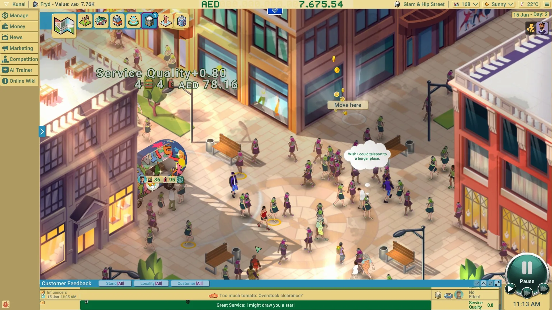 Business Heroes simulation: a food truck on a busy street with live customer feedback and a service quality bonus